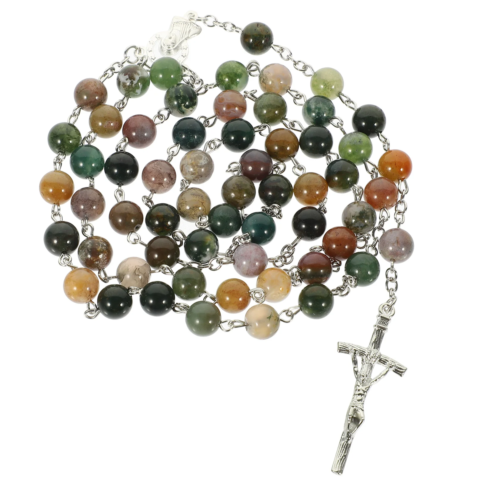 Catholic Cross Rosary Beads Natural Stone Agate Necklace Men Mens Black Pendant for