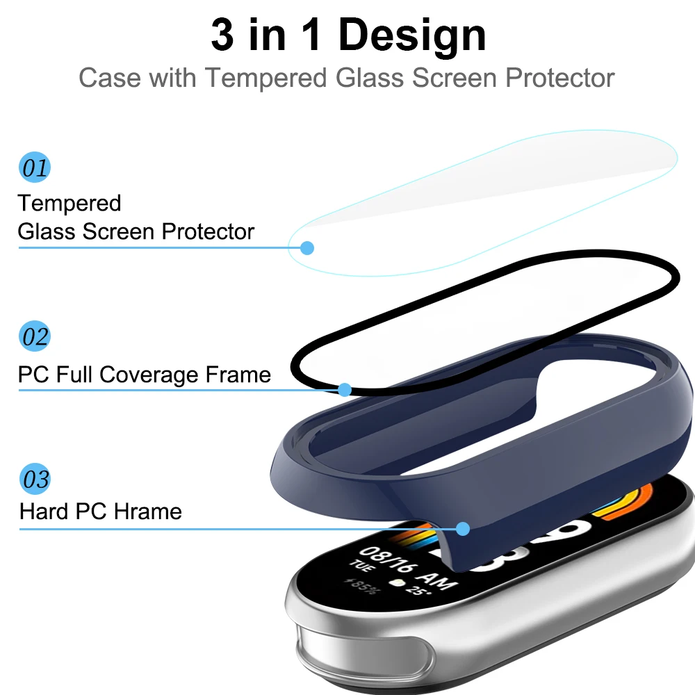 PC+Glass for Xiaomi mi Band 8/8 Pro/8 Active Smartwatch Screen Protective Case Full Cover for Mi Band 8 Accessories