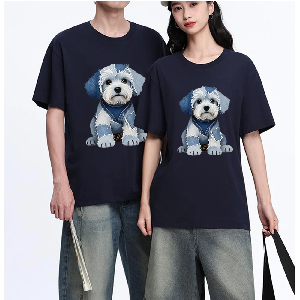 Cute Blue Puppy Printed T Shirt Breathable Fabric S-XXL Personalized Custom T Shirt Casual Short Sleeve Tee Aesthetic Graphic To