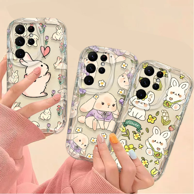 Cute Rabbit Flower Case For Samsung Galaxy S24 Ultra S23 S22 Plus S21 S20 FE A25 A55 A35 A15 A16 A05 A05S A06 Silicone Cover