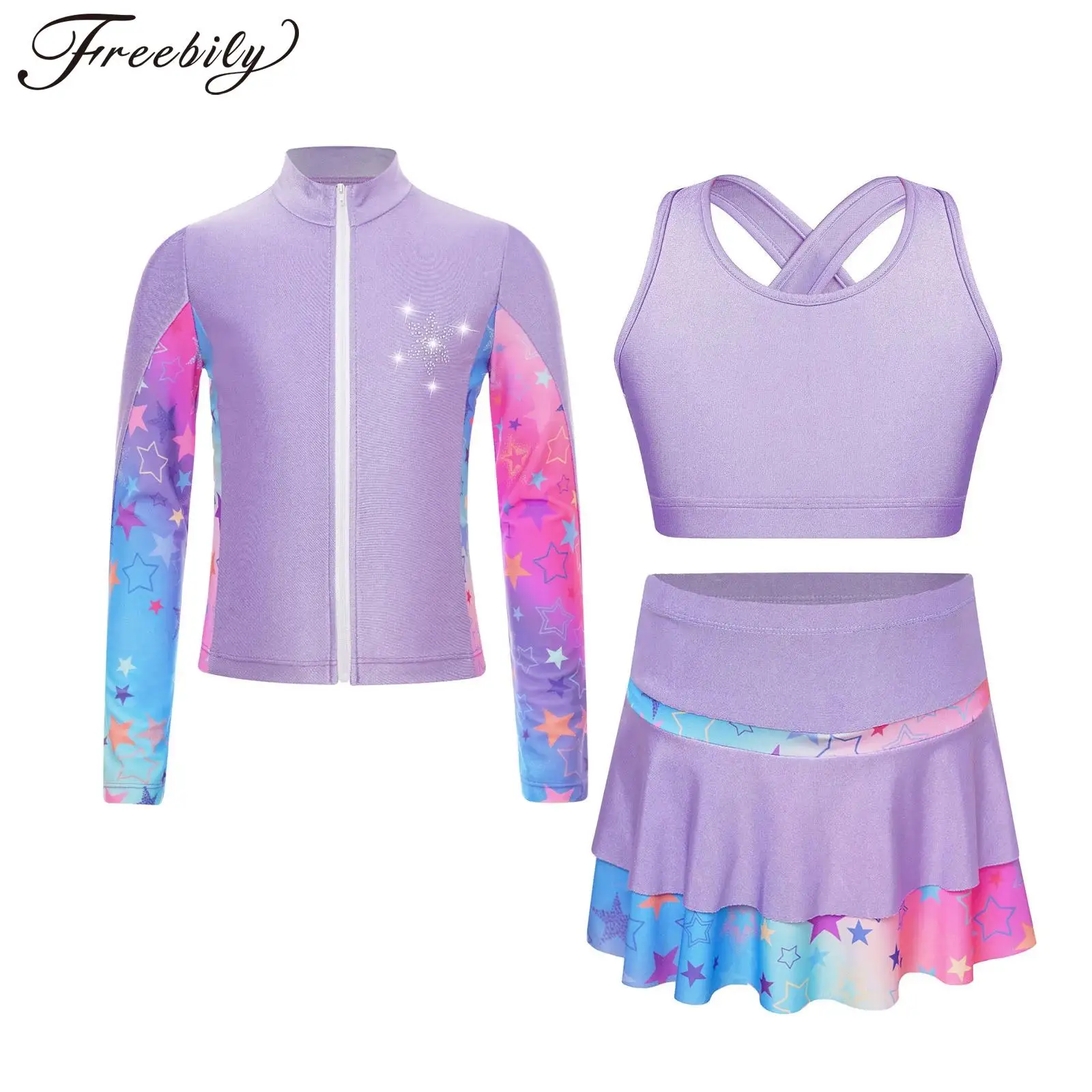 Kids Girls Shiny Rhinestones Figure Ice Skating Jacket Tank Tops Skater Mini Skirt Skort with Shorts Set Workout Outfits