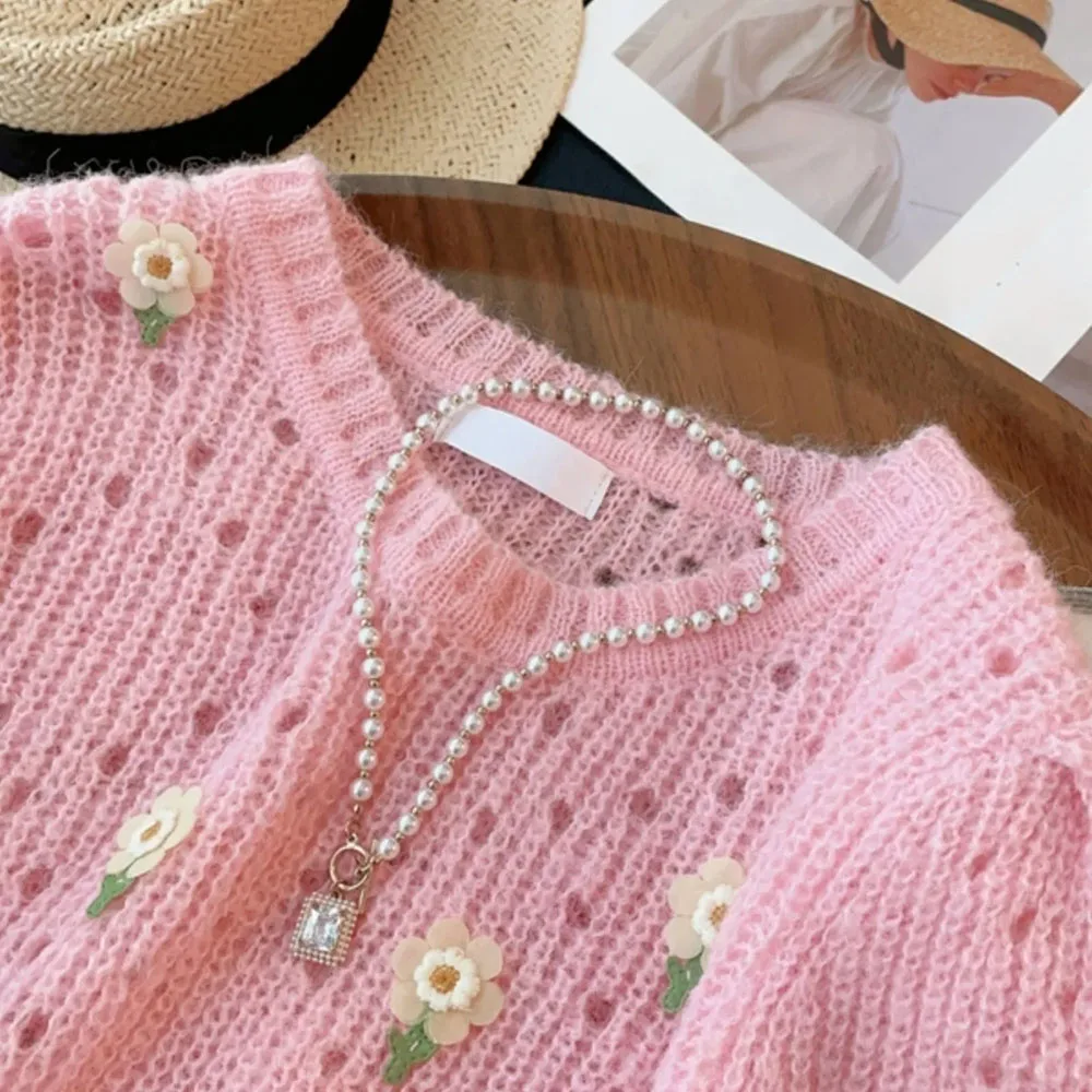 2024 Summer New Sweaters Women\'s O Neck Jacquard Pink Pullovers Fashion Loose Short Sleeve Knitted Tops Ladies Elegant Knitwears