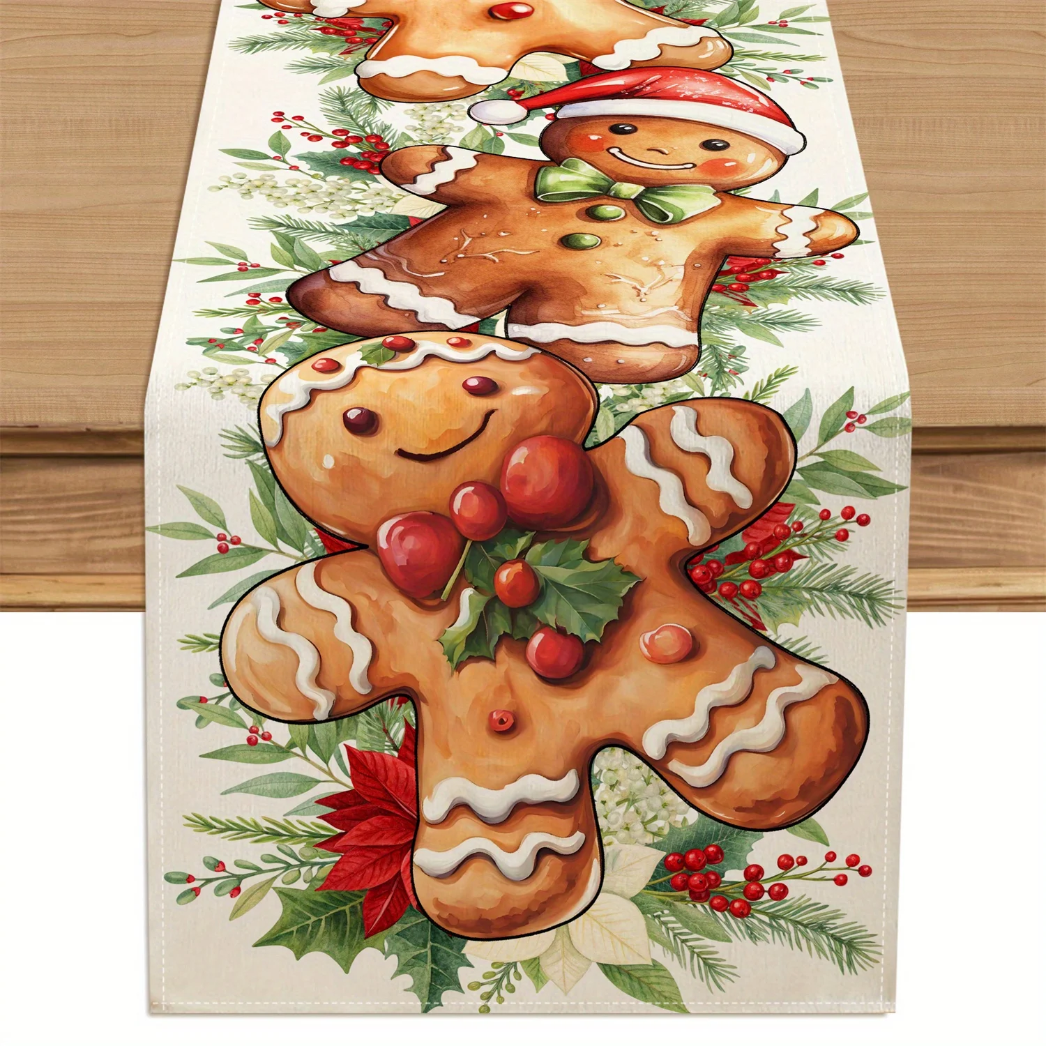 Christmas Holly Pine Branch Gingerbread Man Linen Table Runners Dresser Scarf Decor Washable Table Runners Christmas Decorations