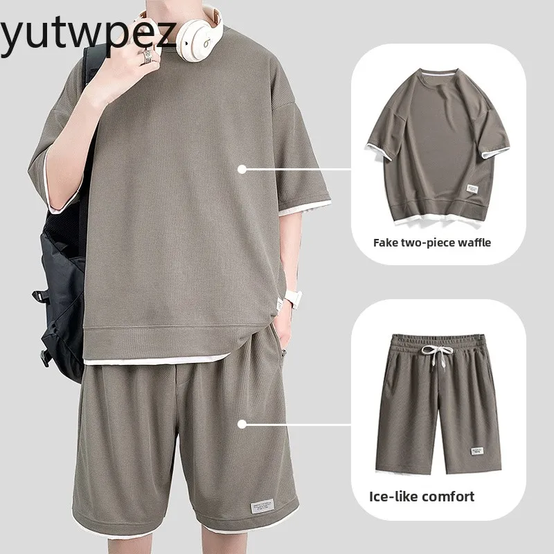 Men's Sports Running Cycling Outdoor Hiking Waffle Comfortable Tracksuit Suits Summer Casual Short-sleeve T-Shirt + Shorts Set