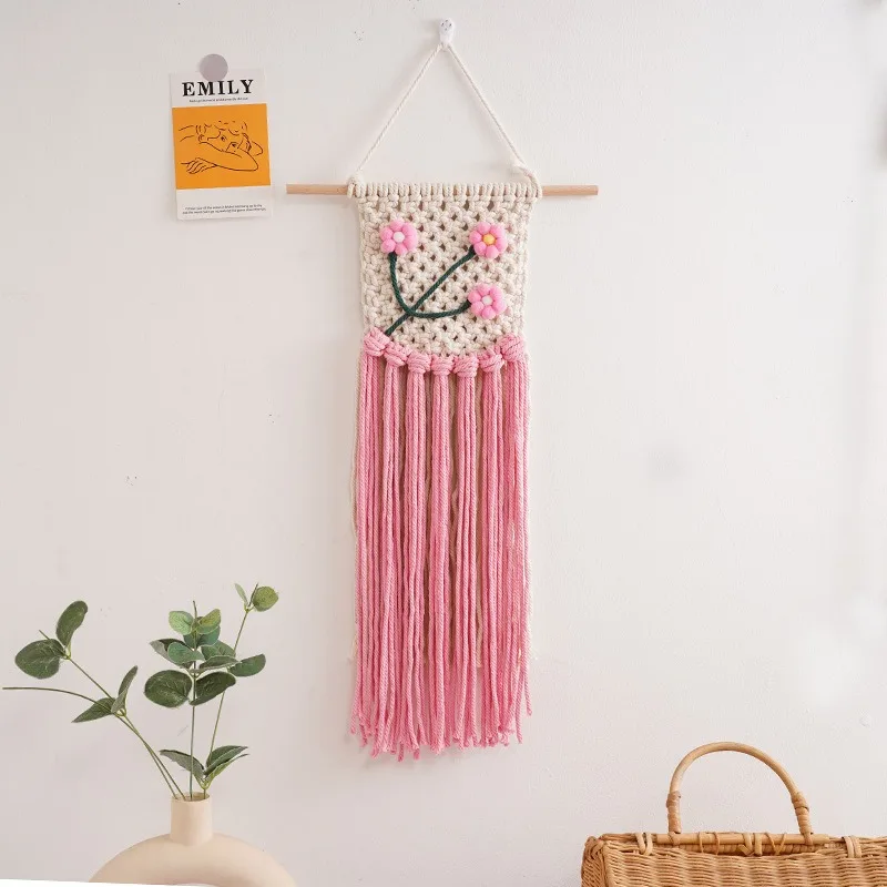 1 PC Nordic Pink Handwoven Tapestry Minimalist Fringe Wall Hanging for Princess Room Decor Fashionable Cotton Hanging Decoration