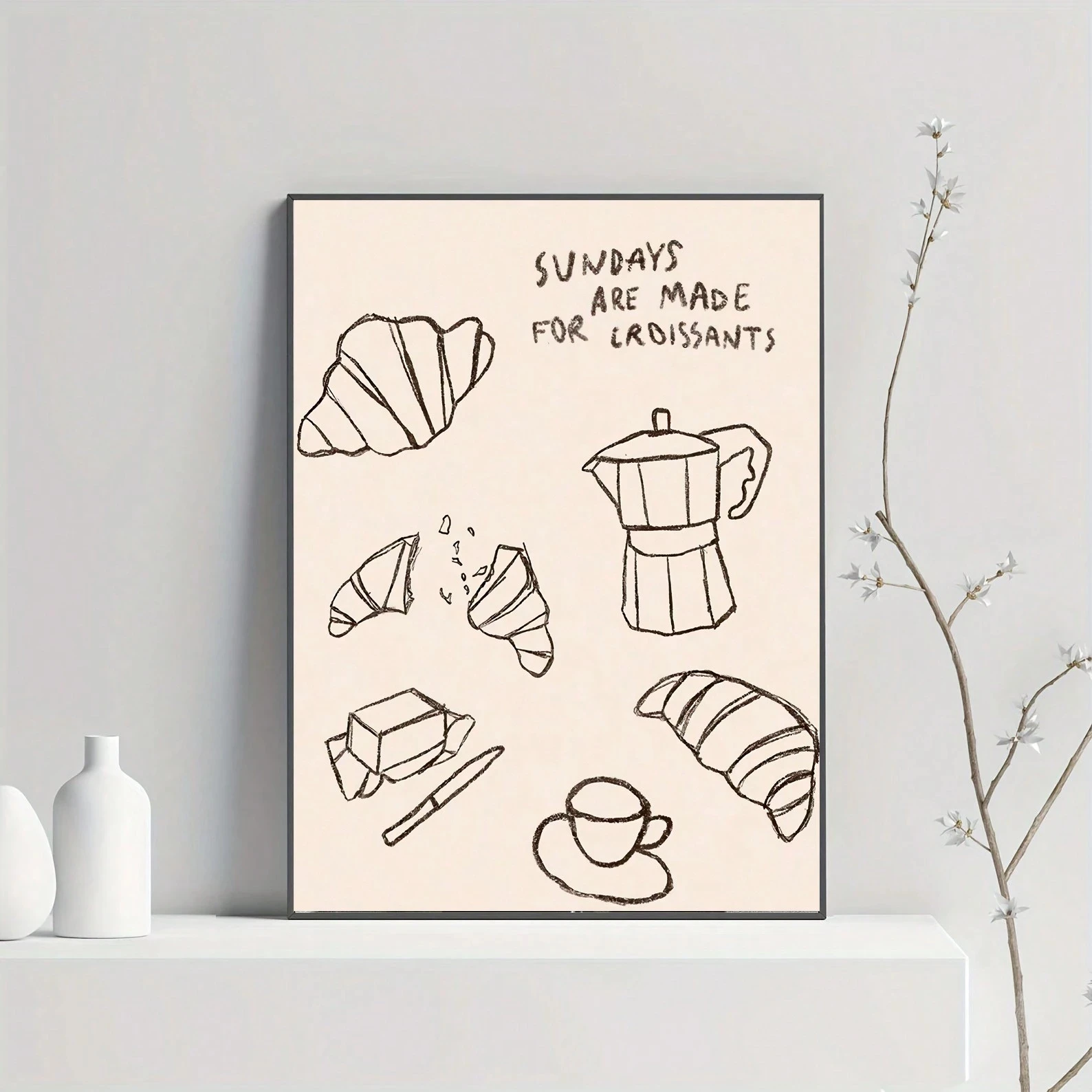 ملصق فني من القماش الكلاسيكي للإفطار، ديكور جدار المطبخ بدون إطار مع الخبز، مطبوعات كرواسون وعاء القهوة، مثالي لغرفة النوم، #5