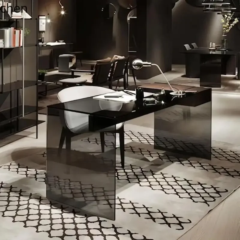 

Furniture Minimalist Study Desk Solid Wood Tempered Glass Desk Writing Desk