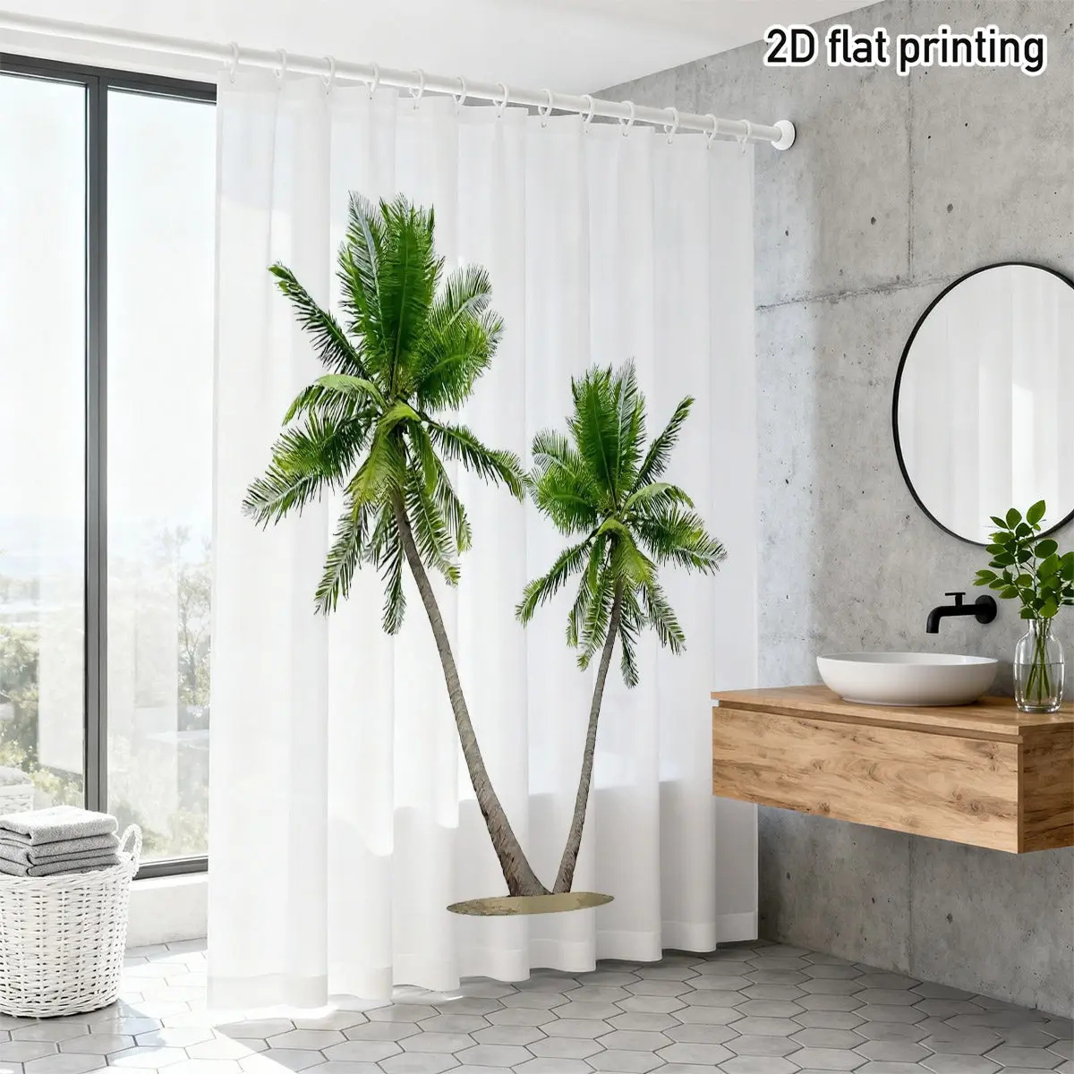 Abstract Tropical Motif Shower Curtain – Stylized Palm Forms on White, Polyester, 12 Grommets, Machine Washable, 72×72