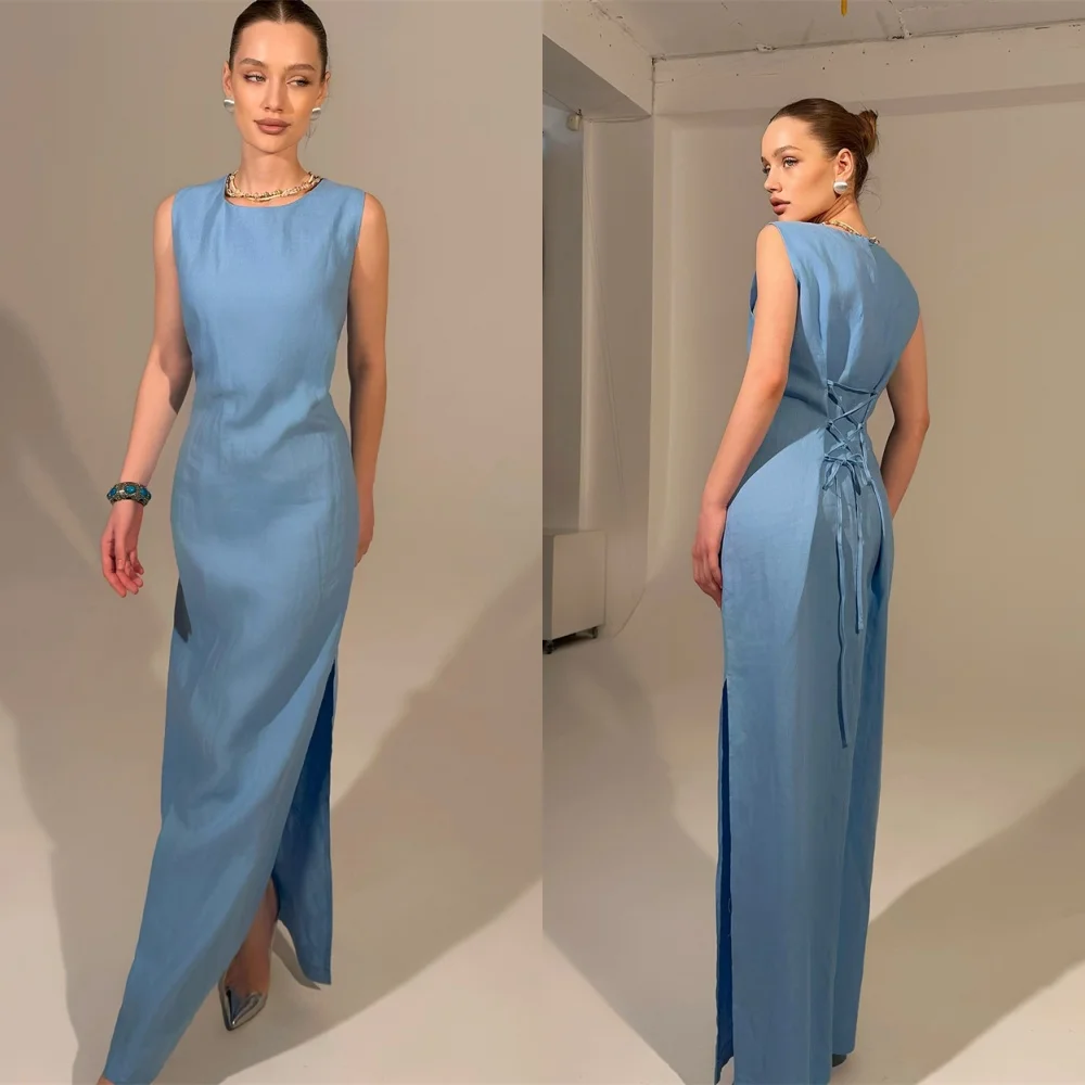 

Customized Fashion Light Blue Jersey Evening Dress High Quality Crew Neck Cap Sleeve Sleeveless Lace Up Back Homecoming Dress