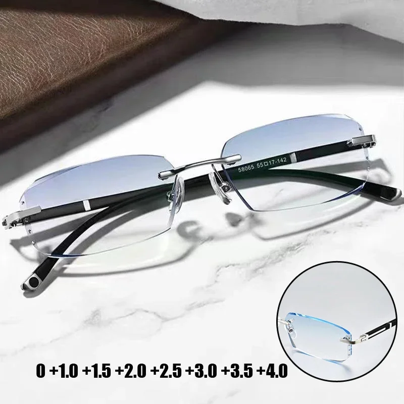 

Ultralight Rimless Business Men's Reading Glasses WIth Diopter High Quality Anti Blue Light Presbyopia Eyeglasses +1.0 To +4.0