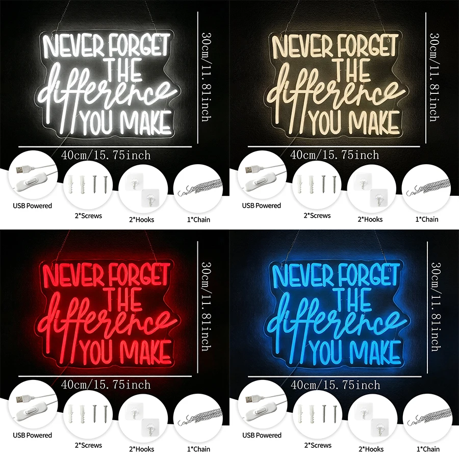 Never Forge The Difference You Make Led Neon Sign, Letter Icon Usb Powered, Used For Bedroom Gym Reading Room Yoga Room Decor.
