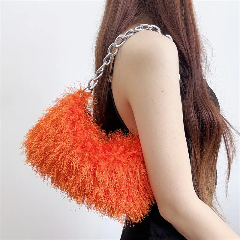 Fashion Candy Color Imitation Fur Fluffy Handbags Silver Color Chain Shoulder Bag Underarm Tote bagsn For Women Daily Handbag