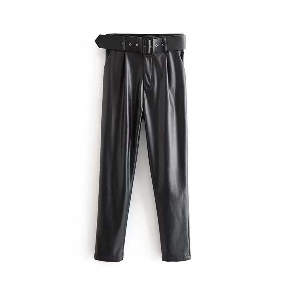 2024 Spring New Women\'s Fashion and Casual High Waist Solid Color Matching Belt, Long Pants, Leather Pants