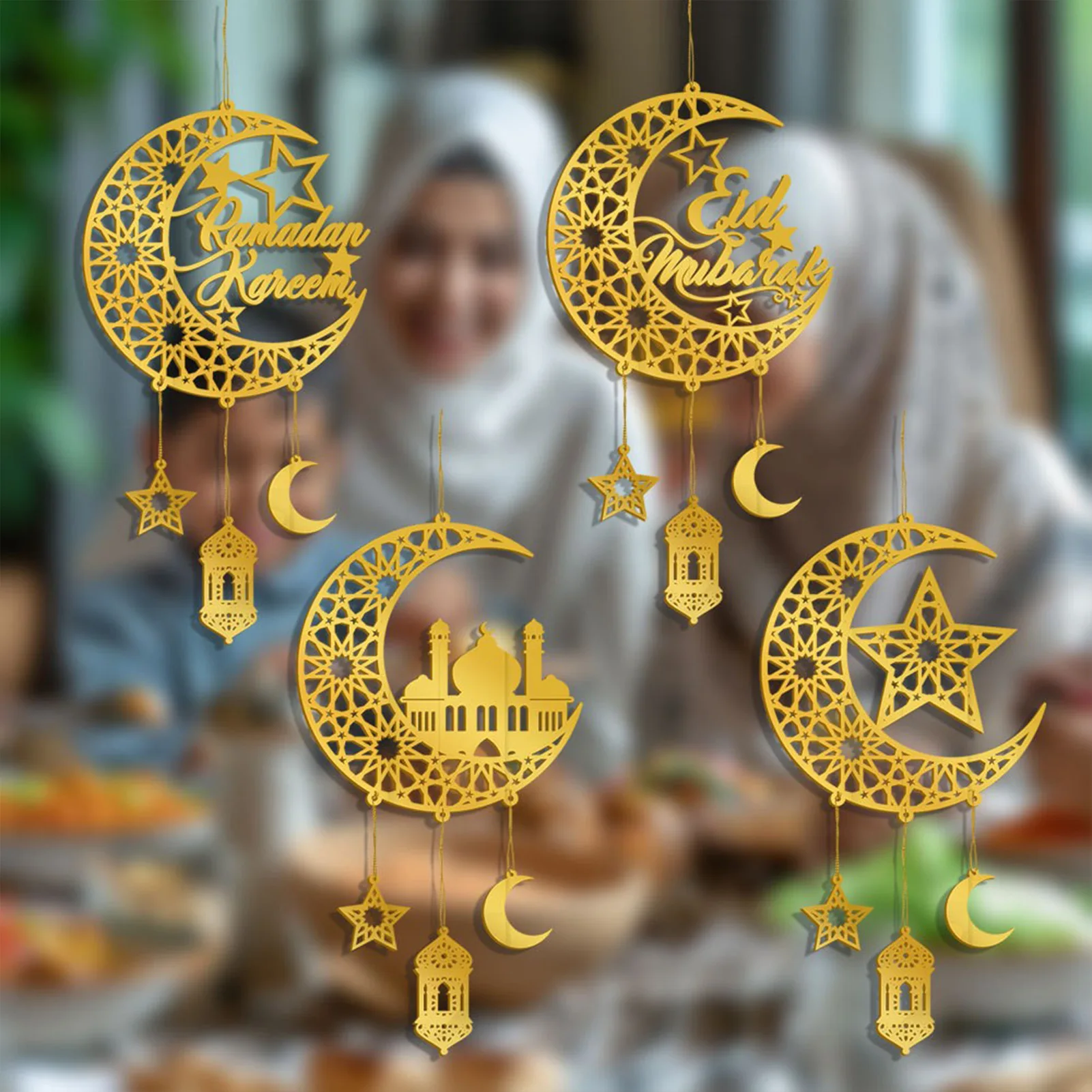 1pcs Eid al-FitrTheme Acrylic Wind Chimes Gold Ramadan Star Moon Wall Hanging Ornament Id al Fitr Party DIY Pendant Decoration