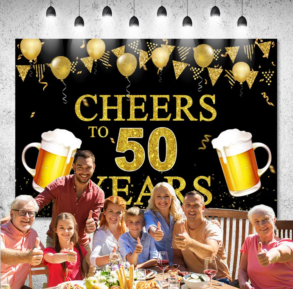 

DIXSG Cheers and Beers Birthday Banner Background 50Th 60Th Birthday Photography Backdrop Gold Glitter Dots Photo Studio Props