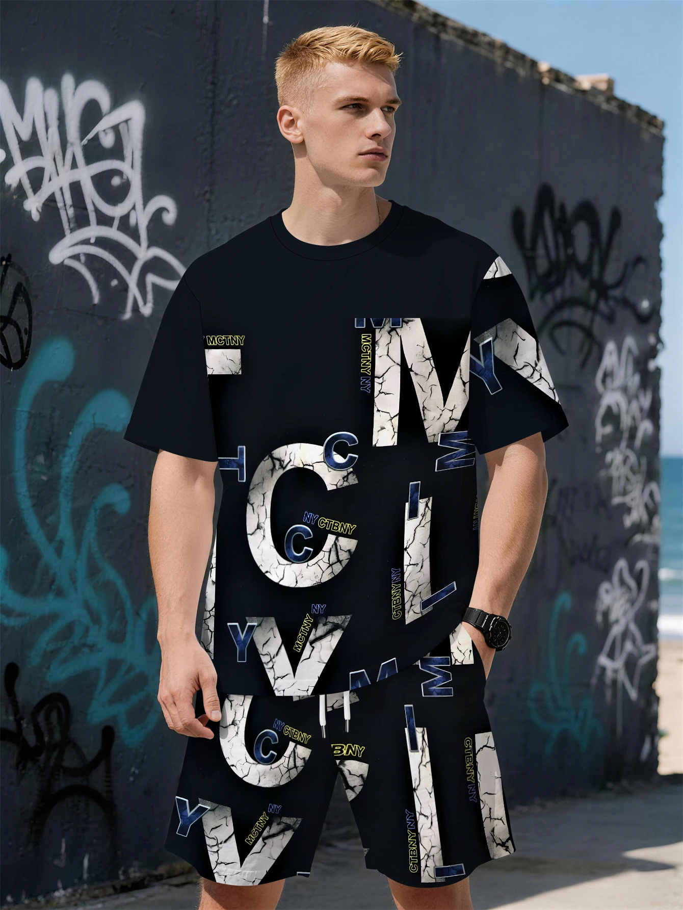 

Летний мужской костюм 2026 с буквенным принтом: дышащий, легкий, повседневный, модный, для активного отдыха