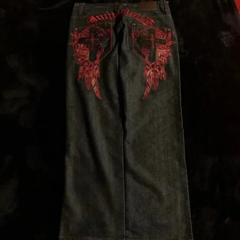 Y2K-pantalones vaqueros de cintura alta para hombre, pantalón informal de calle Retro americana, bordado gótico, patrón negro y rojo