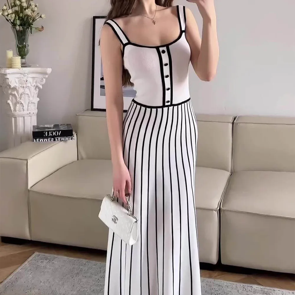 Talenza Knitted Striped Backless Long Dress Women\'s Retro Sleeveless Party Dress Sexy Contrast Color Strap Patchwork Long Dress