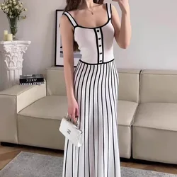 Talenza Knitted Striped Backless Long Dress Women's Retro Sleeveless Party Dress Sexy Contrast Color Strap Patchwork Long Dress