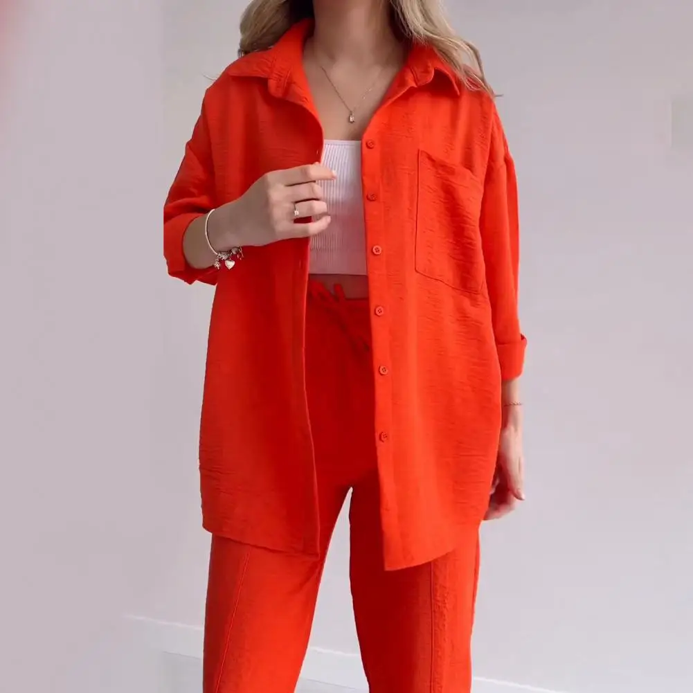 Single-breasted Suit Stylish Women's Shirt Pants Set with Lapel Collar Chest Pocket Casual Outfit with for Fashionable for Women
