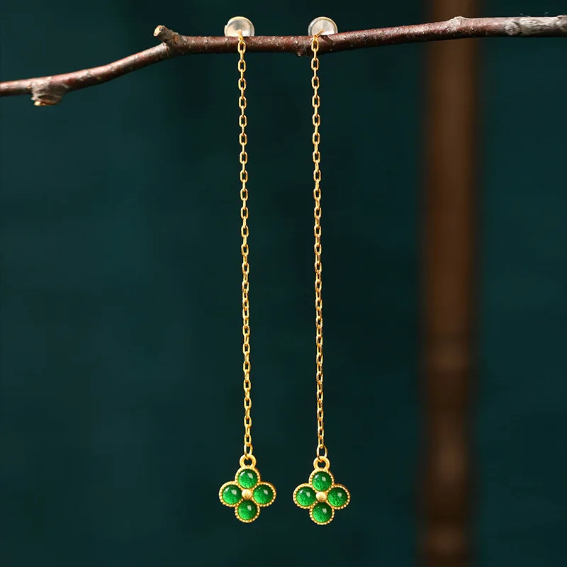 Ethnic Chinese Golden Earrings for Women Hollow Design Gold Plated Inlay Green Jade Luxury Jewelry Traditional Palace Style Gift