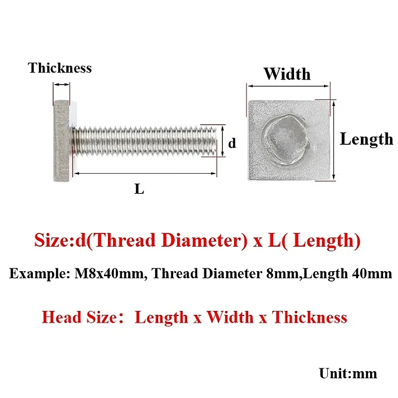 Yiqianyuan SUS304 Stainless Steel Screw Chute Rail Track T-shape Bolts M6 M8 M10 Rectangle Hammer Bolt Hardware Tools Supplies