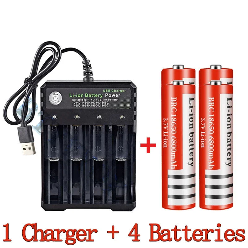 

New 3.7V Li-Ion 6800mAh Large Capacity Rechargeable 18650 Battery for LED Torch + 4 Slot Smart Charging USB Charger