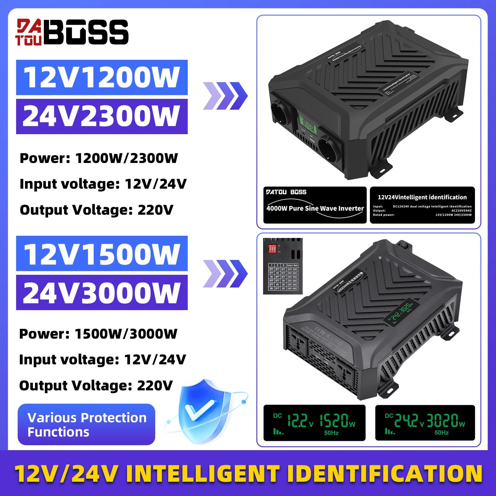 DATOUBOSS 220V 240V Reiner Sinus-Auto-Wechselrichter 12V 1200W 24V 2300W Dual-Spannungseingang 12V 24V Auto-Switching RV-Modifikation