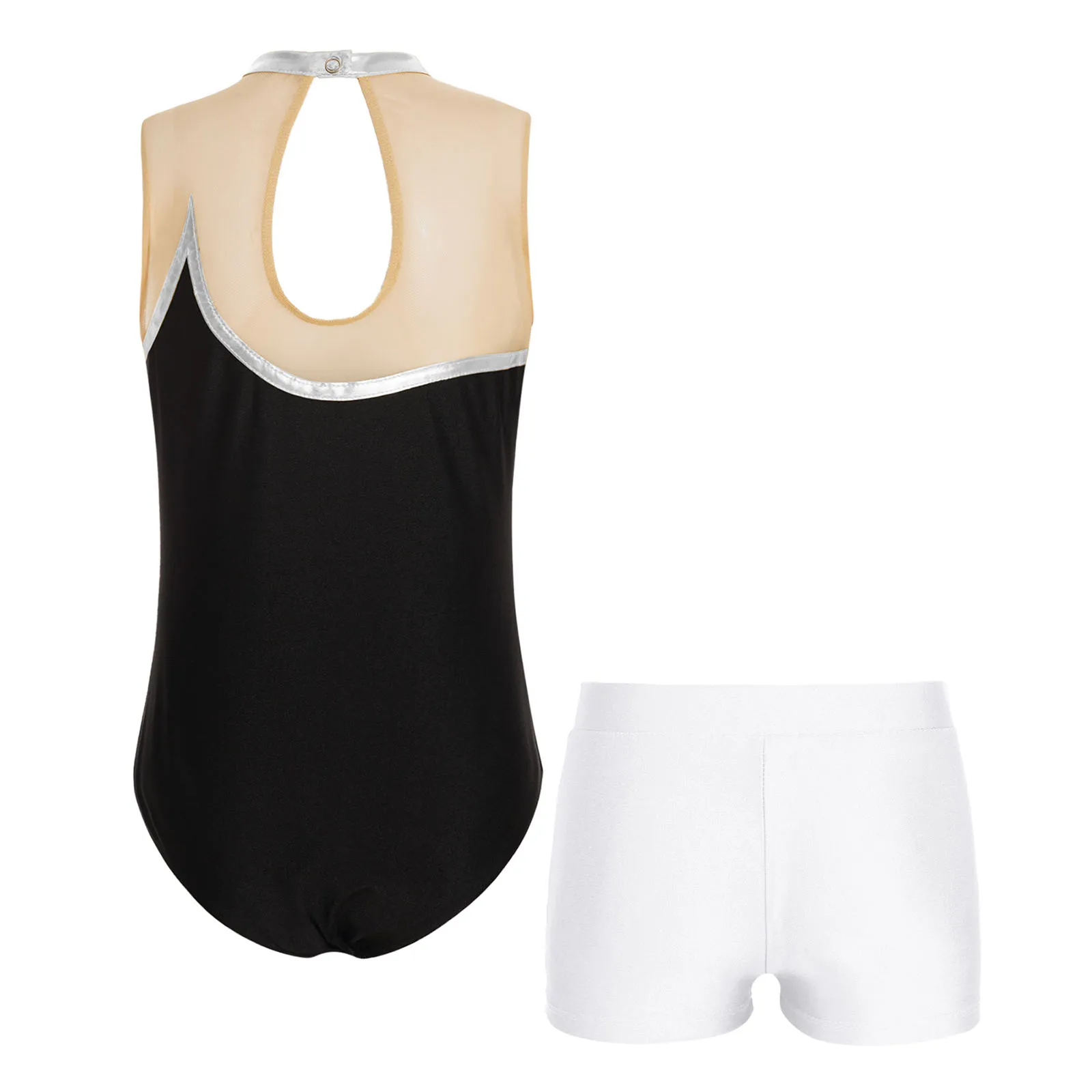 4-16Y Girls Ballet Dance Leotard Figure Skating Gymnastics Yoga Sports Clothes Sleeveless Mesh Bodysuit with Shorts Dancewear