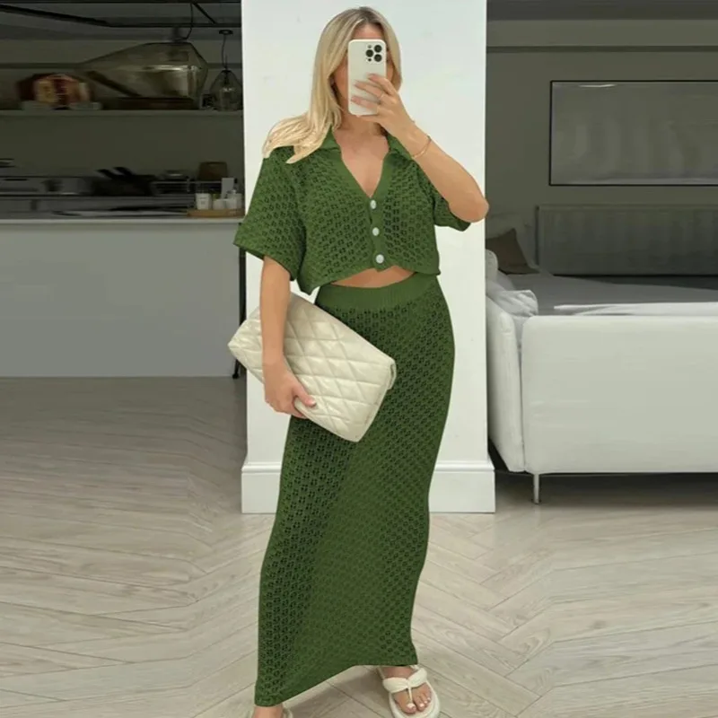 

Women's Crochet Knit Outfit Short Sleeve Button Down Crop Top High Waist Maxi Skirt Two Piece Set Casual Vacation Beach Set