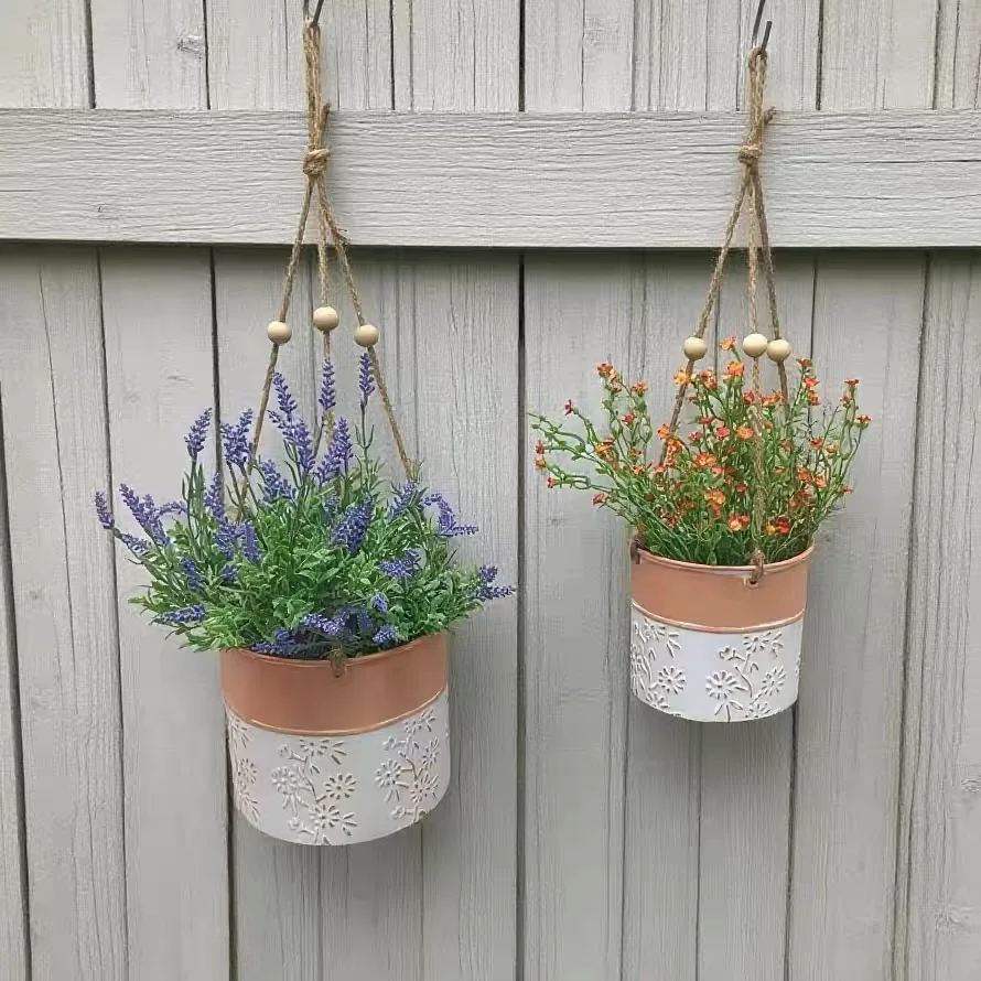 Vintage Embossed Floral Pattern Red Pottery Imitation Metal Wall Hanging Flower Pots, A Set