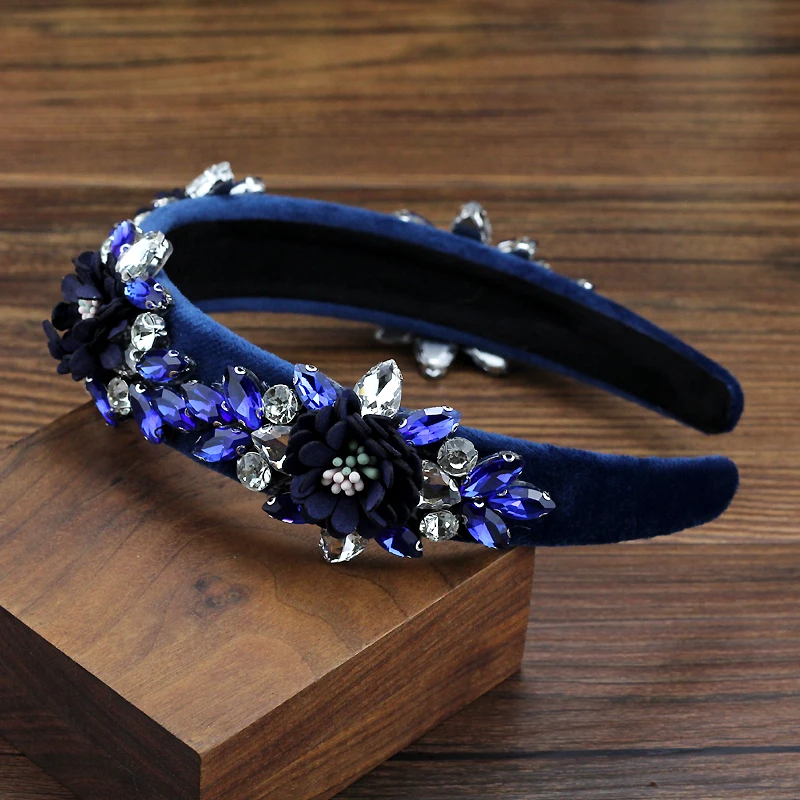 Handmade Gorgeous Blue Navy Red Crystal Flower Headbands Luxury Rhinestone Women Baroque Hairbands For Wedding Party