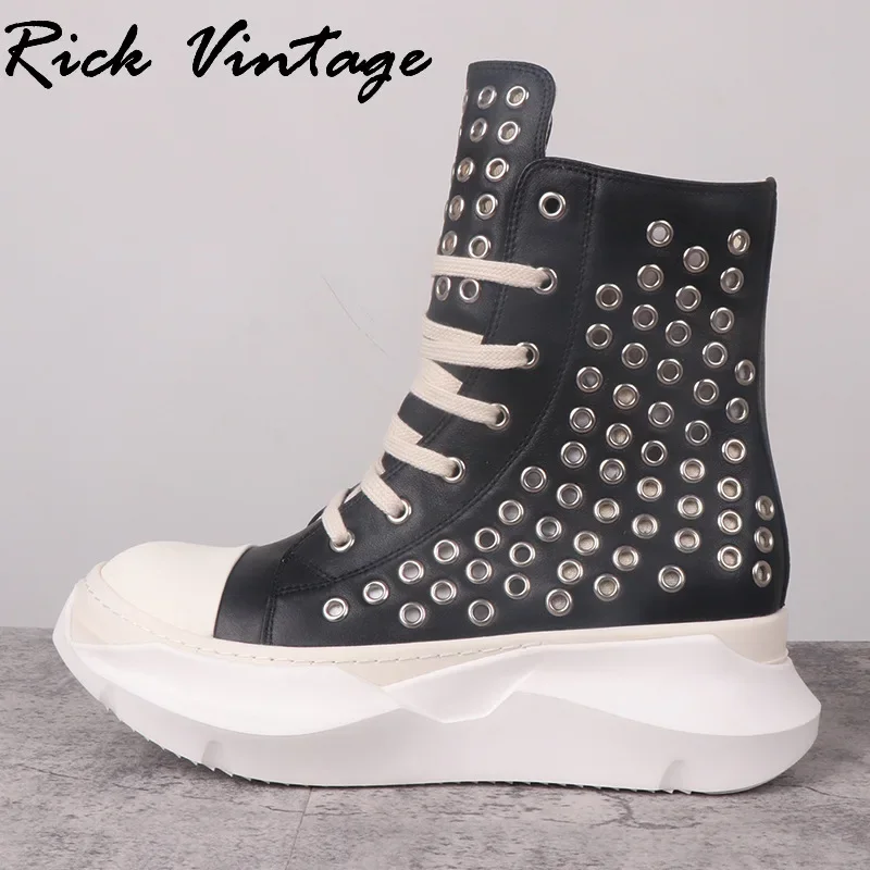 Rick Vintage Herren Schuhe High-Top-Plateaus tiefel erhöhen Echt leder Nieten Sneaker Luxus Turnschuhe lässig Reiß verschluss schwarze Schuhe