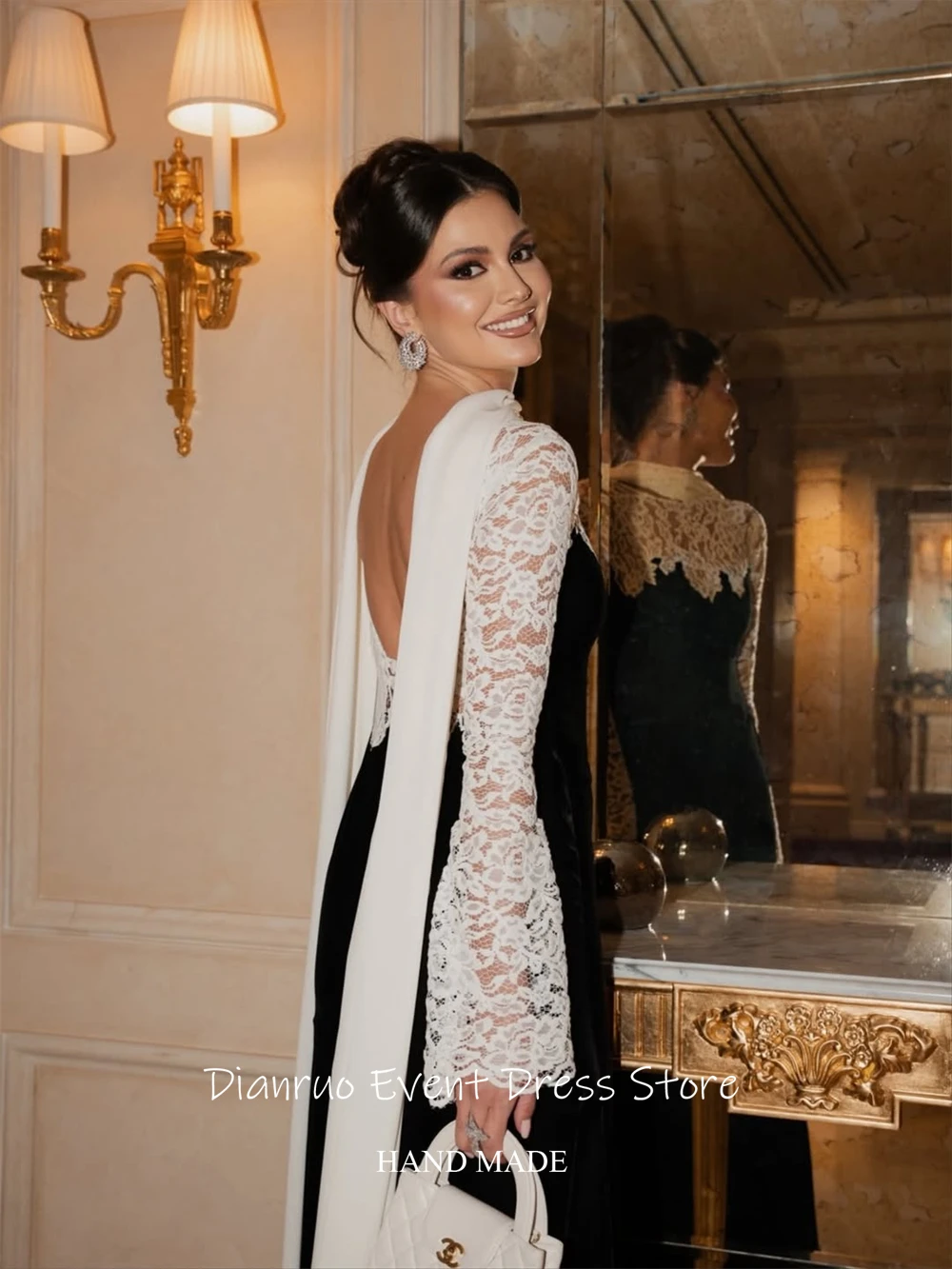 فساتين سهرة بشريط مخملي بدون ظهر من Dianruo على شكل حرف A مزينة بفيستدوس دي فييستا من الدانتيل موضة Abiti Da Cerimonia مخصصة #2