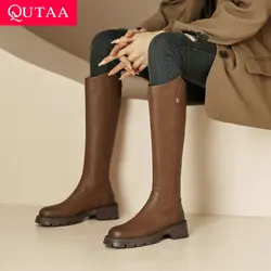 QUTAA 2024 piattaforme da donna in vera pelle stivali alti al ginocchio autunno inverno tacchi spessi stivali lunghi moda Casual scarpe taglia 34-39