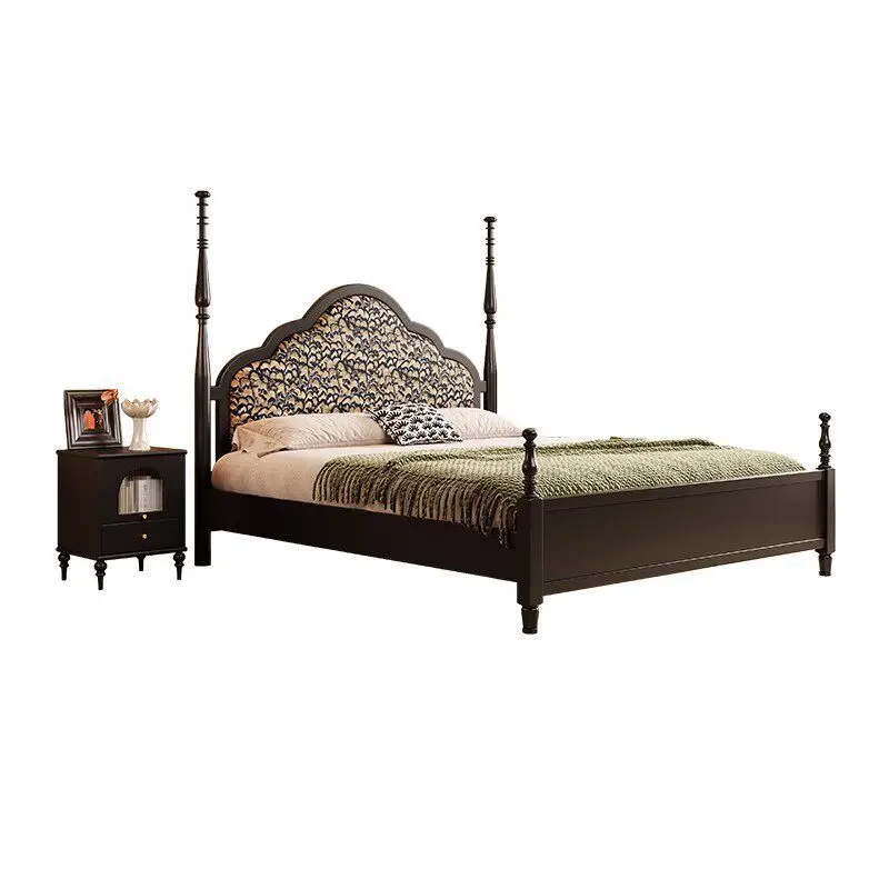 French  solid wood  1.8 meters walnut French retro double master bed medium antique style 1.5 meters storage secondary