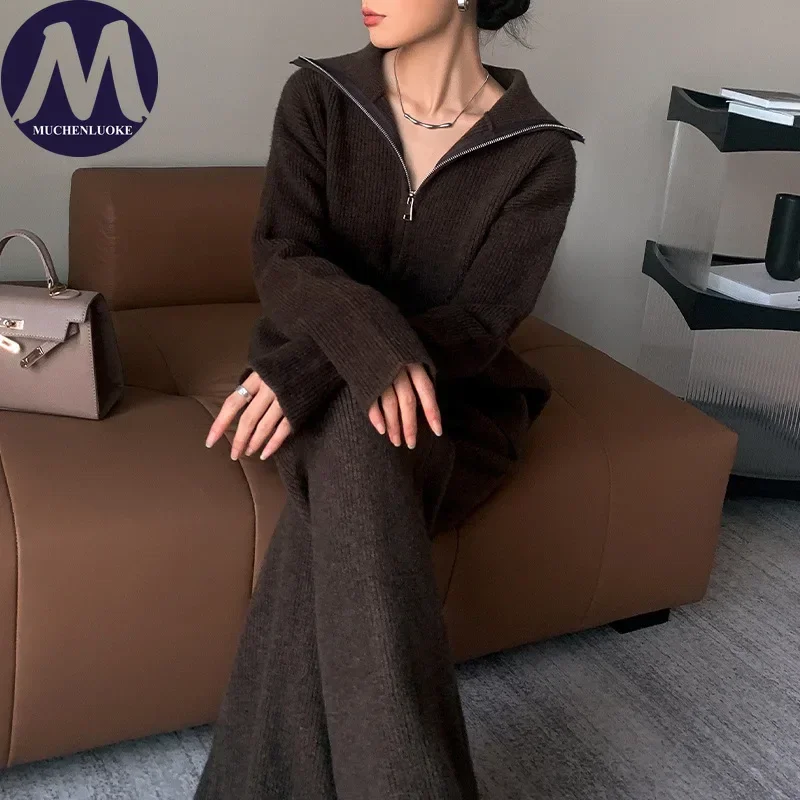 Women's Autumn Winter Two-Piece Set Flip Collar Half-Zip Knitted Sweater with Loose Wide Leg Pants Casual Knitwear Ensemble