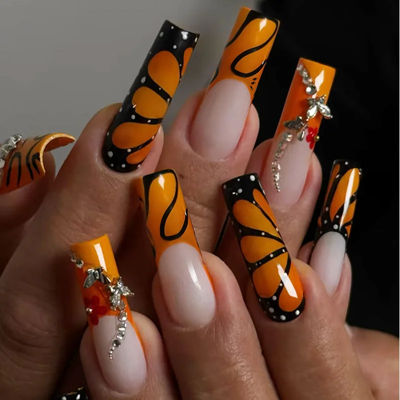 

24Pcs Long Square Wearable Press on False Nails Full Cover French Yellow Edge Fake Nail Flower Butterfly Rhinestone Manicure Tip