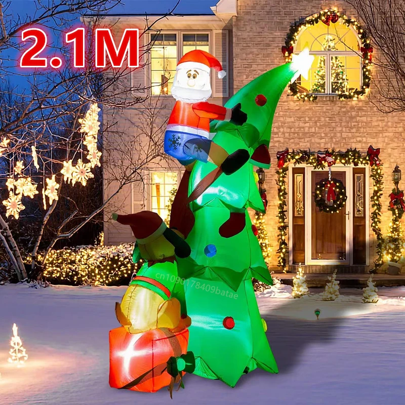 

2.1M inflatable dog chasing Santa Claus climbing trees, built-in LED lights, Christmas gifts for indoor and outdoor decoration