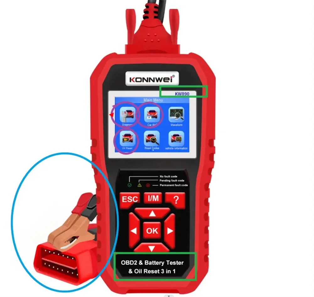 Newest KONNWEI KW890 OBD2 Auto Scan Tool Diagnosti Car Battery Tester&Oil Service Light Reset 3 in 1 Scanner Konnwei KW 890