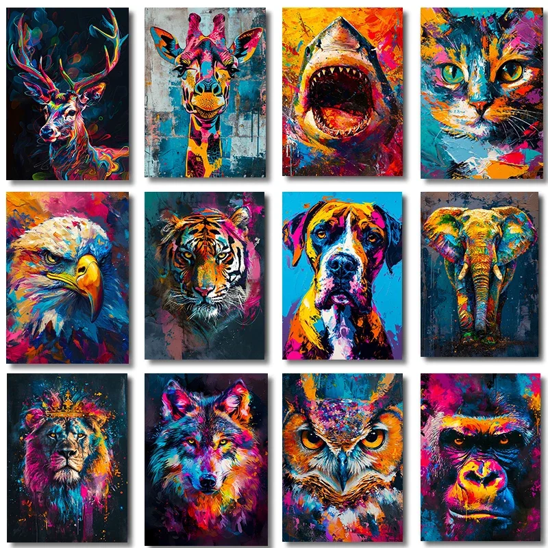 1pc frameless Canvas Painting 1pcs(No frame)Abstract Animals Cat Lion shark wolf tiger deer Graffiti Art Canvas Painting  Wall P