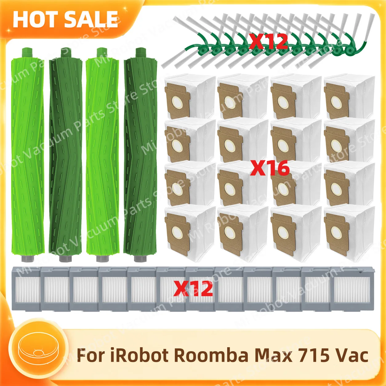 Kompatibel mit iRobot Roomba Max 715 VAC Staubsauger-Ersatzteilen: Hauptbürste, Seitenbürste, Filter, Staubbeutel und weiteres Zubehör.
