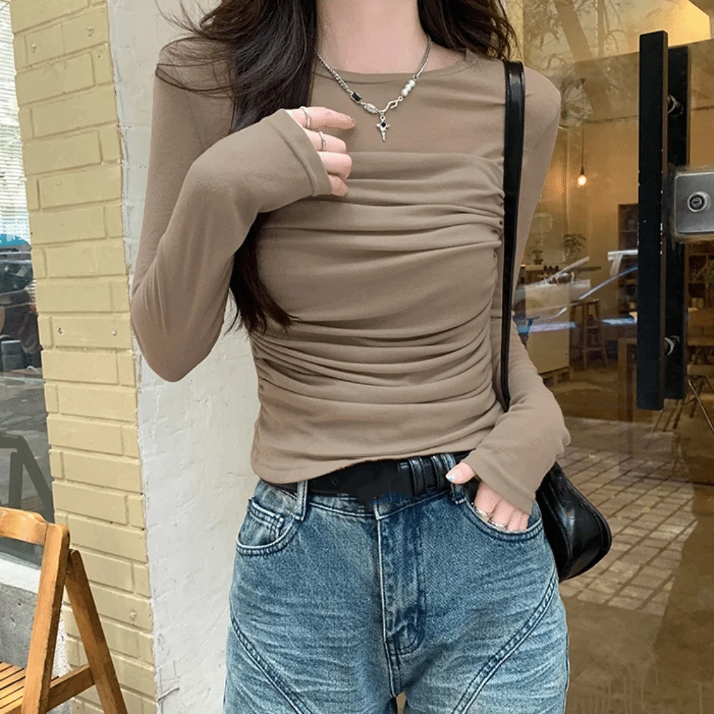 

Long Sleeve Slim Long Sleeve T-shirt Transparent Mesh Streetwear Women Thin Tops Wrinkle Shape Hot Girl Korean Style Crop Top