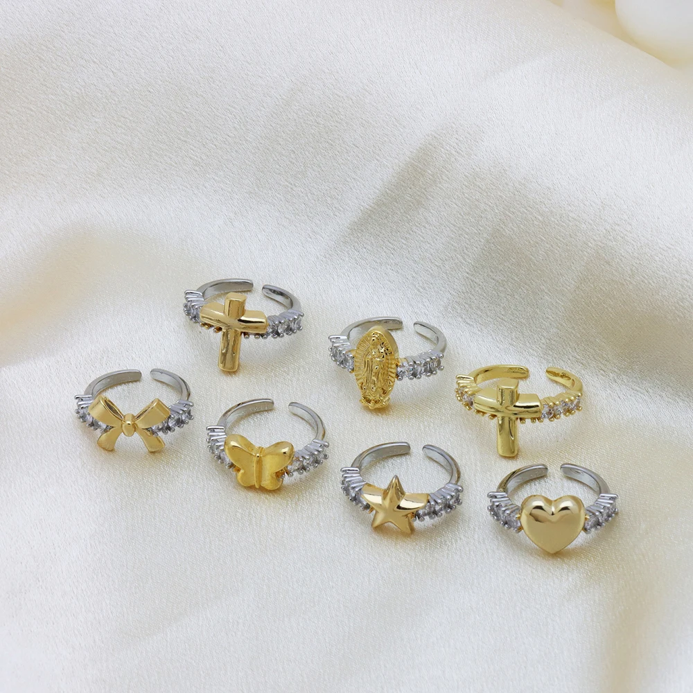 5 pcs/lot New Arrival Two Tone Gold Plated Brass CZ Adjustable Open Finger Rings For Religious Daily Wear Religious Ring