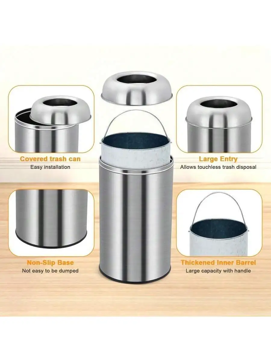

Heavy Duty Round Stainless Steel Trash Can 70L With Removable Inner Barrel