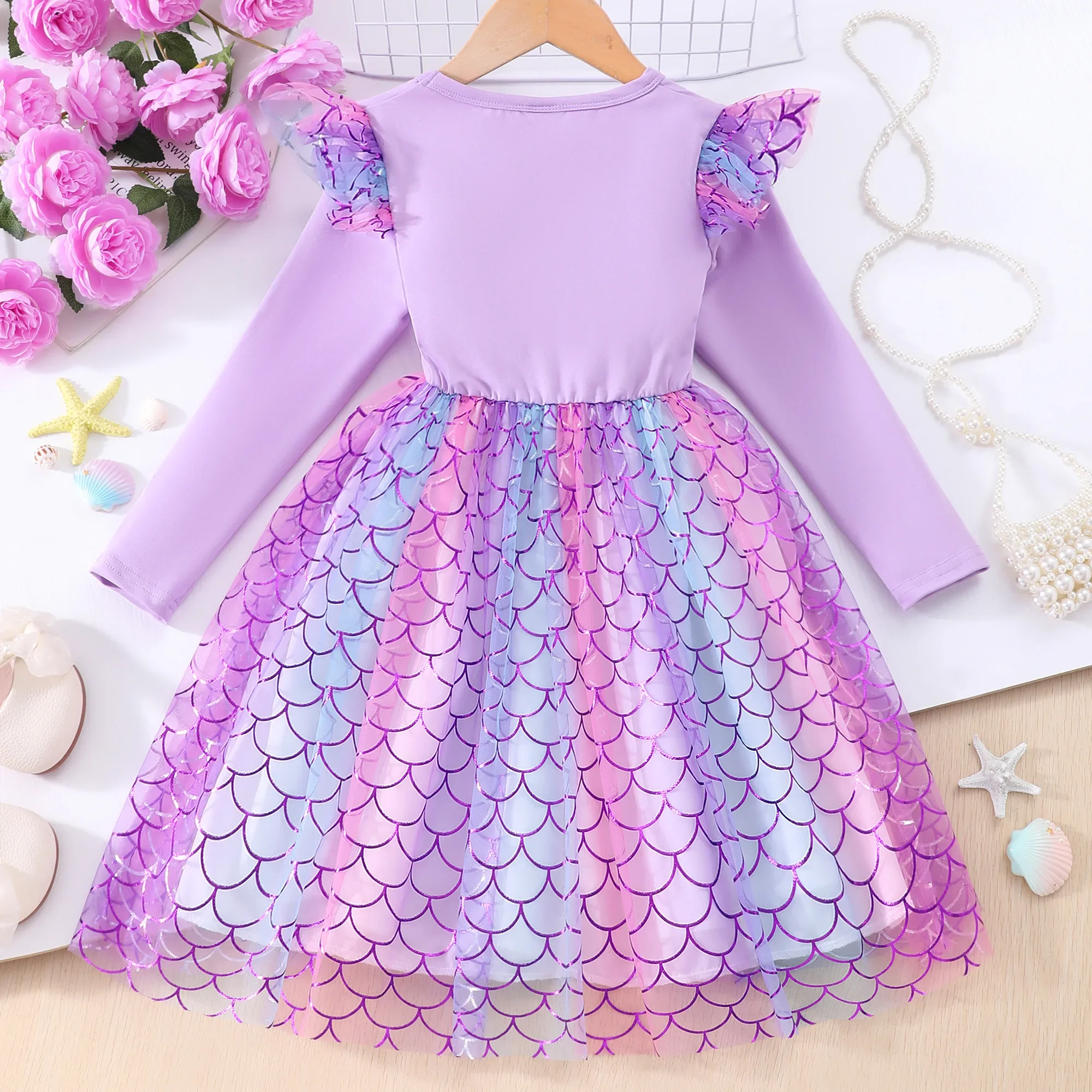 New Mesh Mermaid Dress Kids Girl Clothes Long Sleeve Winter Baby Girls Outfit Cute Cartoon Pink Children Dresses 2 3 4 5 6 7 Yrs