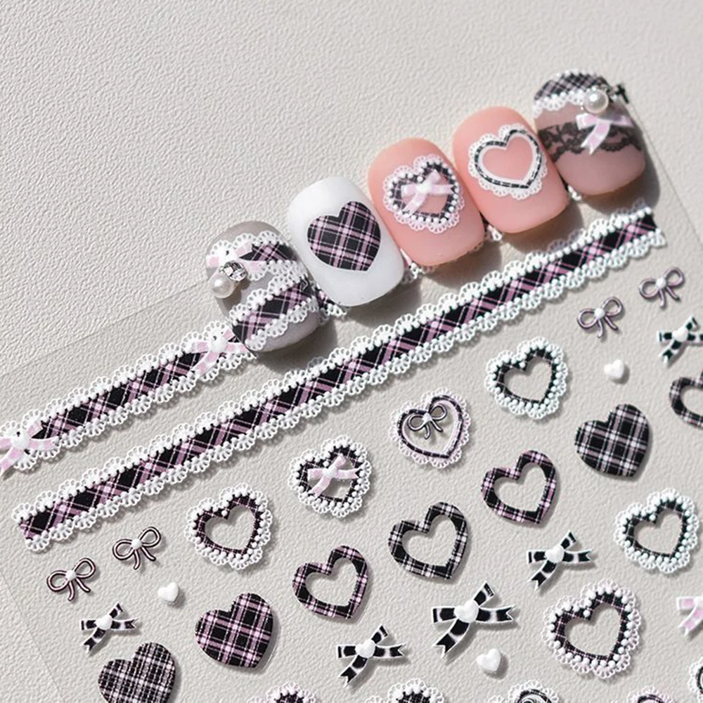 3Pcs Set Bow Lace Nail Stickers with Sweet Hearts 3D Self Adhesive Nail Art Stickers Decals Japanese Winter Knit Lace Decoration