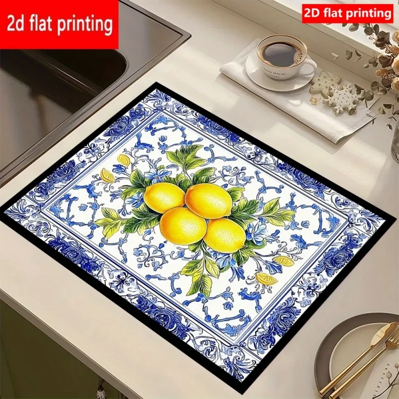 Newest Retro Lemon Basket Floral Drying Mat, Water Absorbing Pad for Stove Top Kitchen Counter Coffee Bar