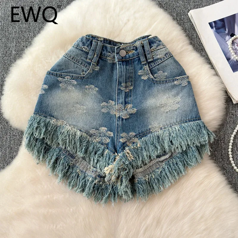 

EWQ Fashion Flower Hole Design Denim Shorts For Women Tassel High Waisted Zipper Slim Clothing Streetwear 2024 Summer New 27X128