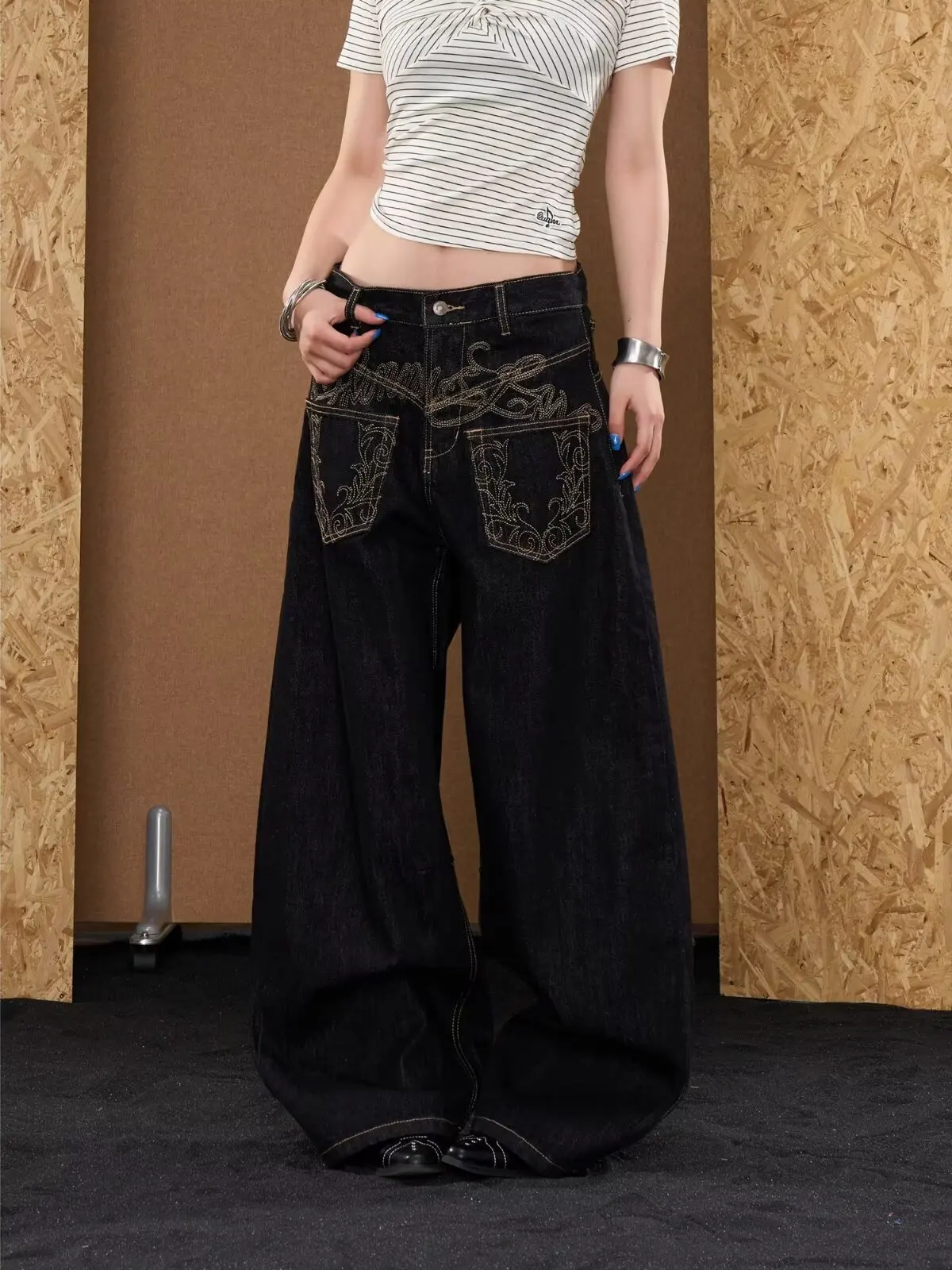 

Retro Embroidery Design Wide Leg Jeans Women's Summer Jazz Dance Cross-Border Edition Bright Stitch Double-Sided Wear Denim